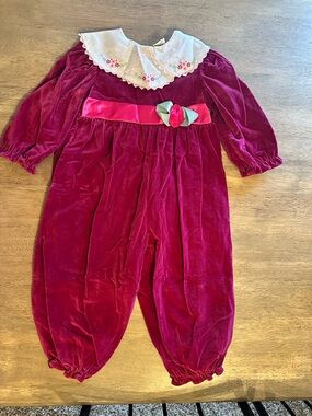 Vintage Velvet bubble Romper Lace Collar Red/Rose girls 2T embroidered Frilly